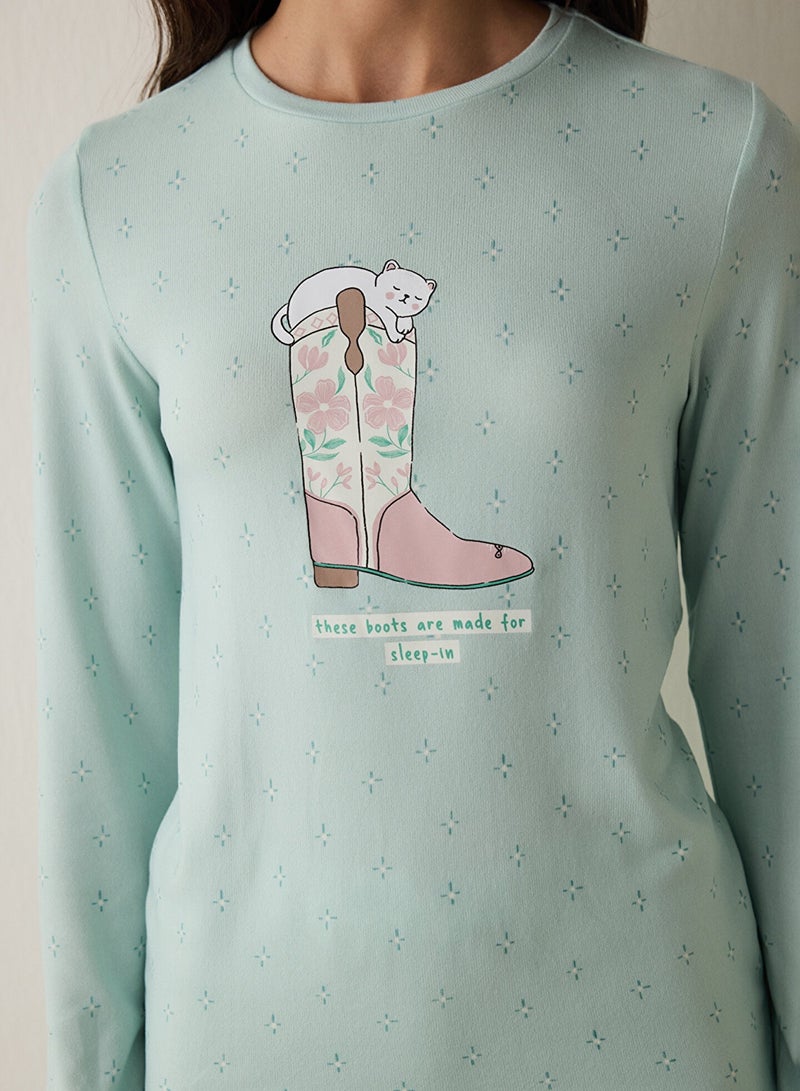 بنتي قميص بيجامة بأكمام طويلة ورقبة دائرية بتأثير حراري وشعار للنوم - Image 3